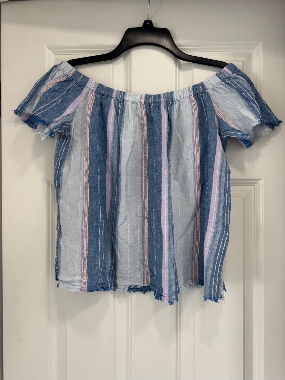 LAJU Striped Off-Shoulder Fringe Peasant Top in Blue and Pink; summer boho coast